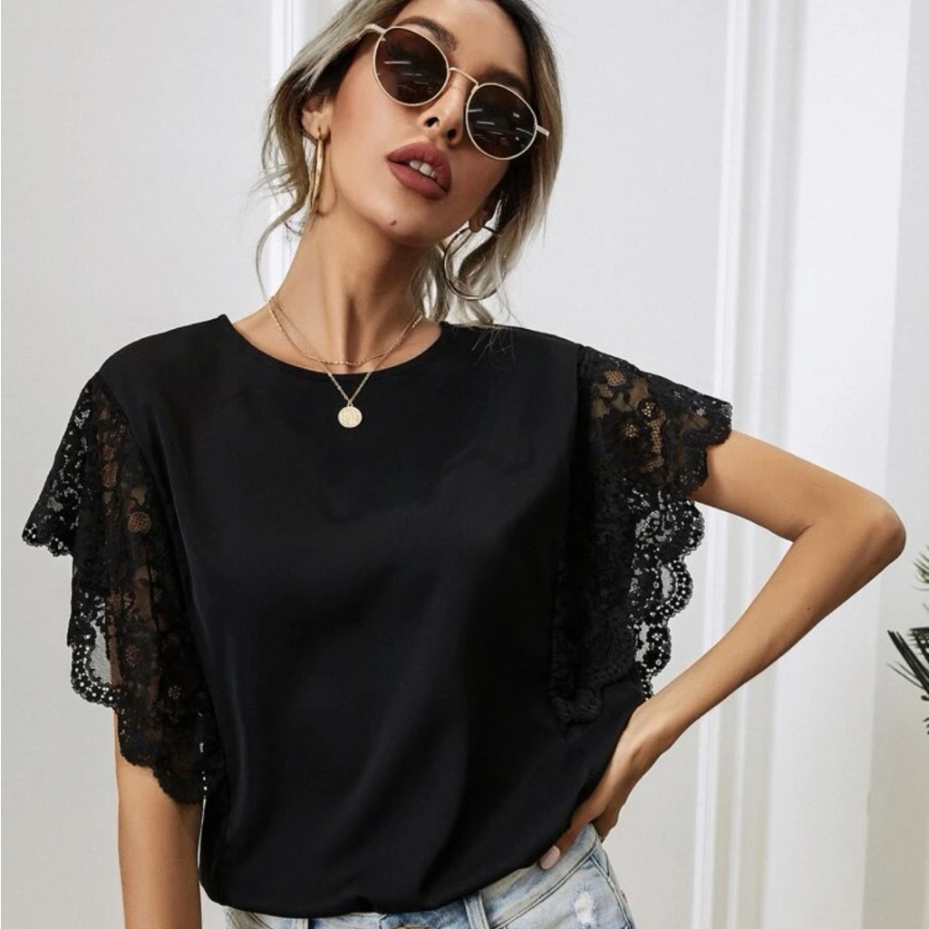 Shein Lace Panel Solid Blouse